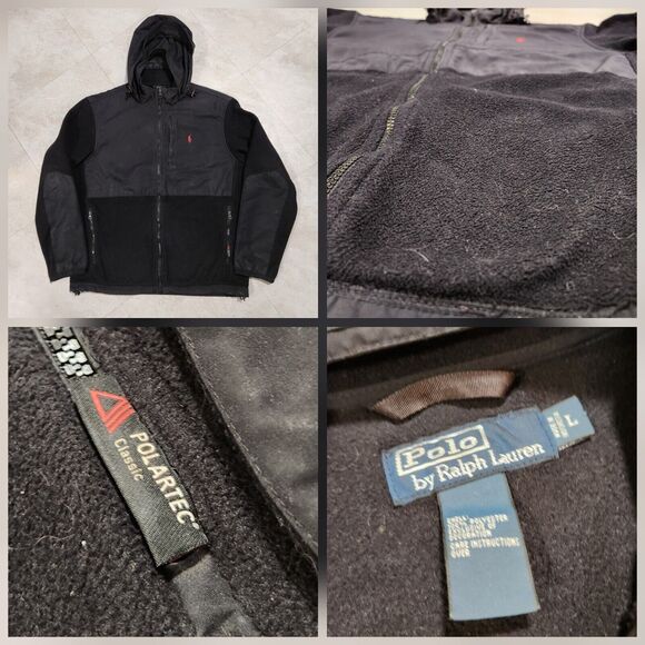 VTG Polo Ralph Lauren PRL Mens L Large Black Denali Fleece Hooded Hybrid Jacket